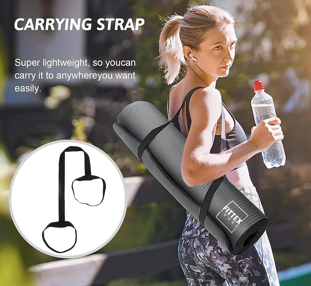 Yoga Mat with Carry Strap, 188x61x1cm, Non-Slip 10mm Thick, Black