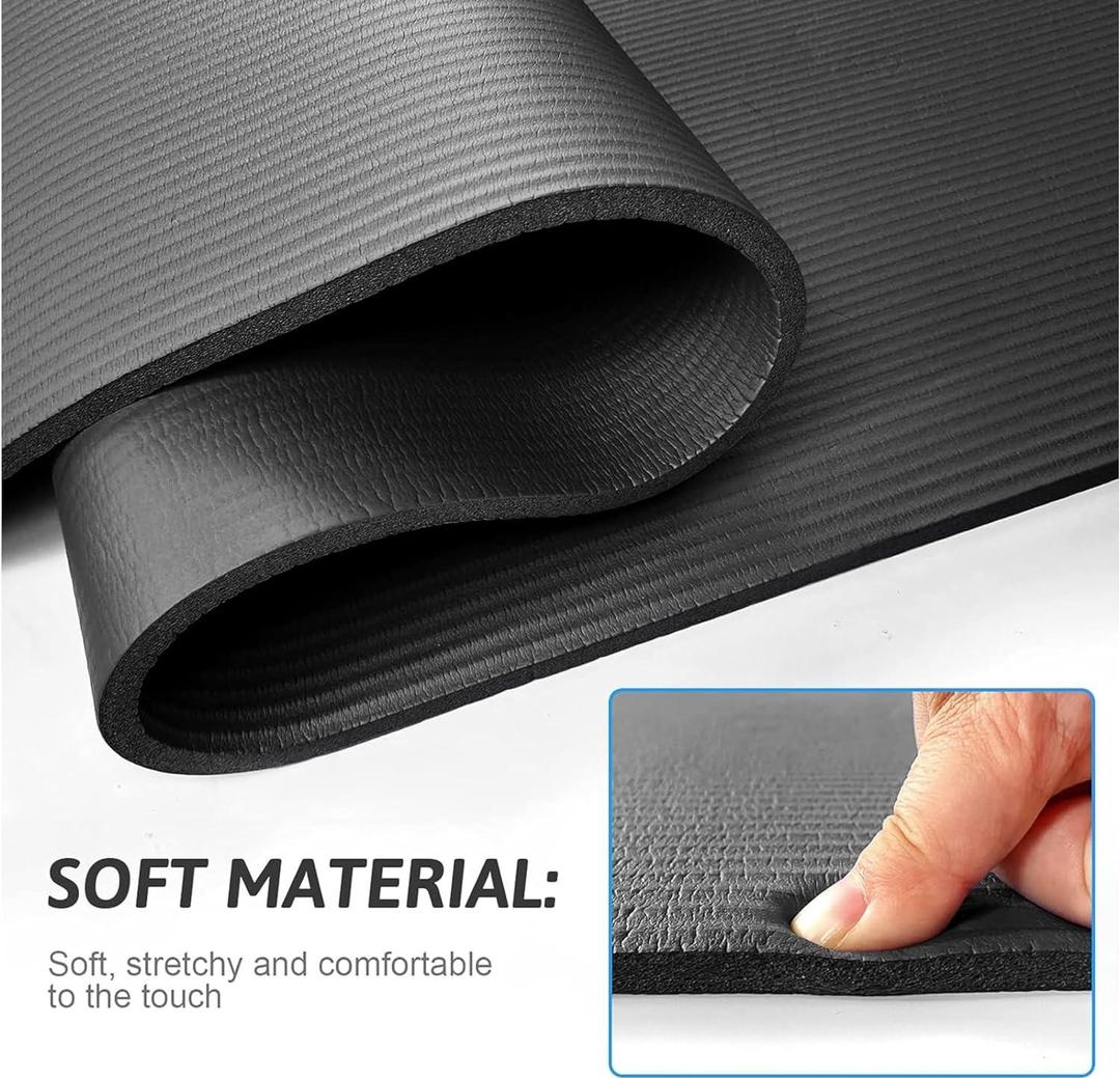 Yoga Mat with Carry Strap, 188x61x1cm, Non-Slip 10mm Thick, Black